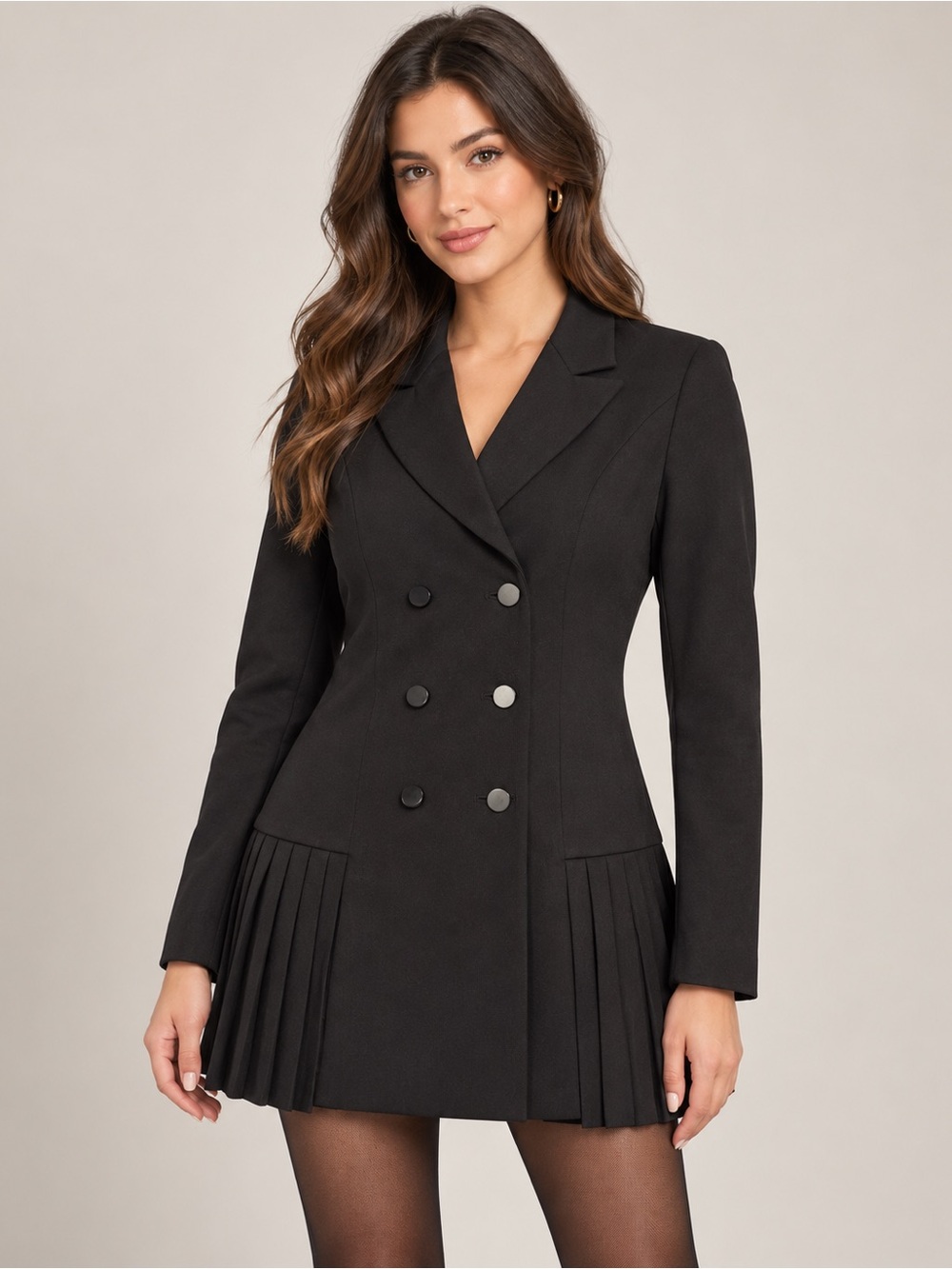 Gracia Black Double-Breasted Pleated-Hem Blazer Dress